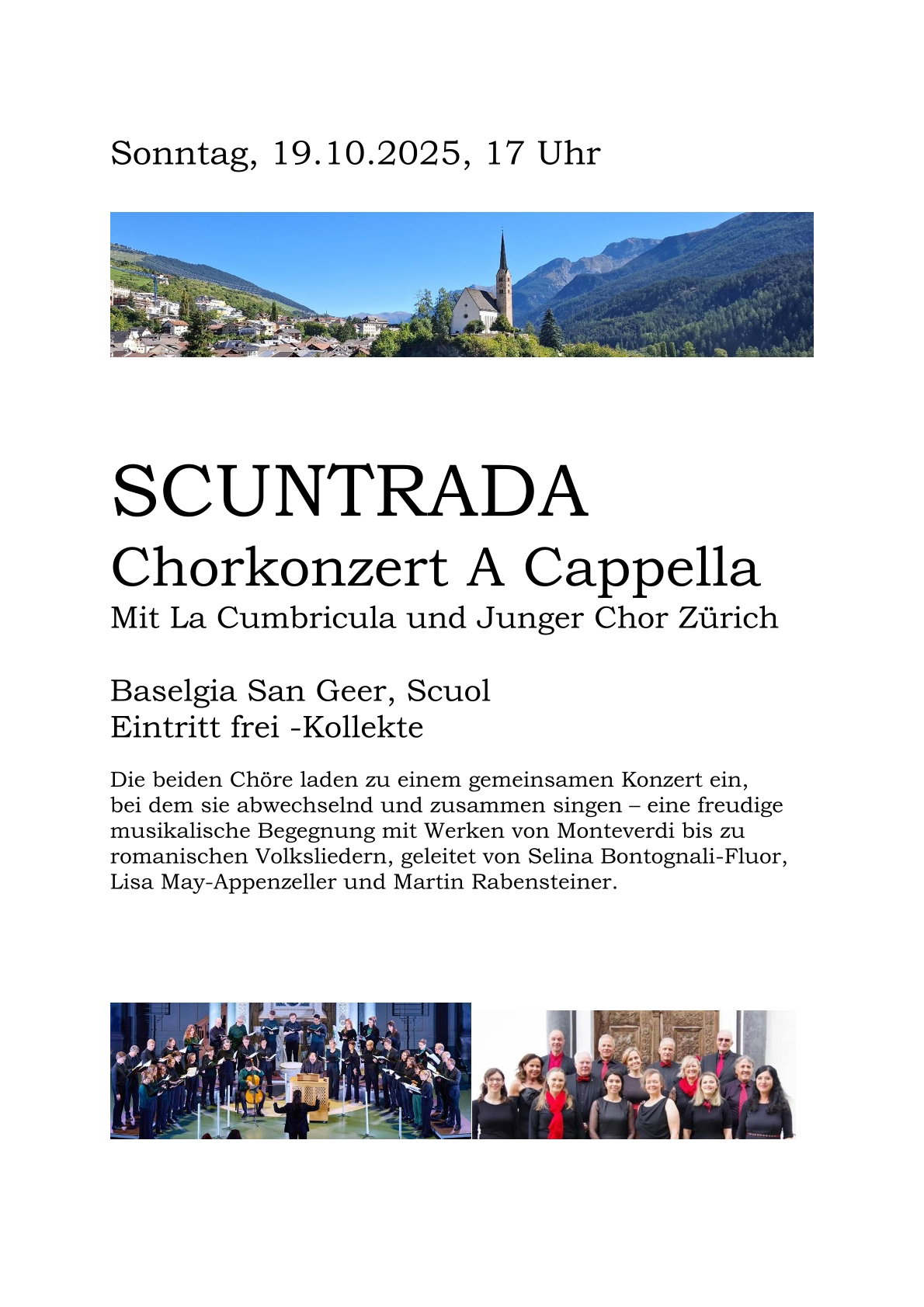SCUNTRADA - concert cumünaivel da La Cumbricula e dal Junger Chor Zürich