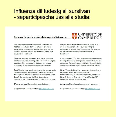 Tscherca da persunas sursilvanas per in’intervesta - Universitad da Cambridge