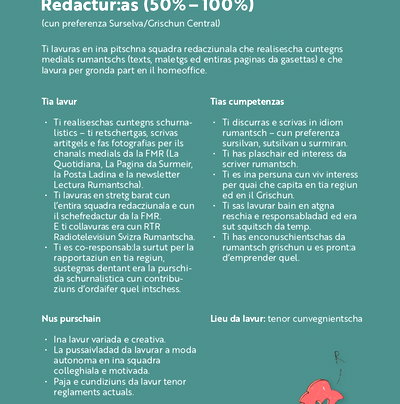 Fundaziun Medias Rumantschas: Redactur:as (50%-100%)